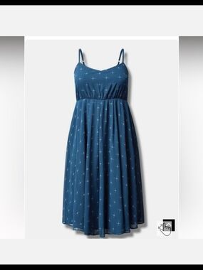 113 Torrid 0 L XL Blue Star-Print Midi Sundress Chiffon Pleated Dress